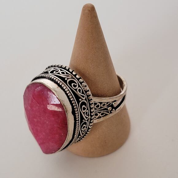 Sterling Silver Pink Agate Ring – Bohemian Statement Jewelry – Size 8.5 - Picture 10 of 13